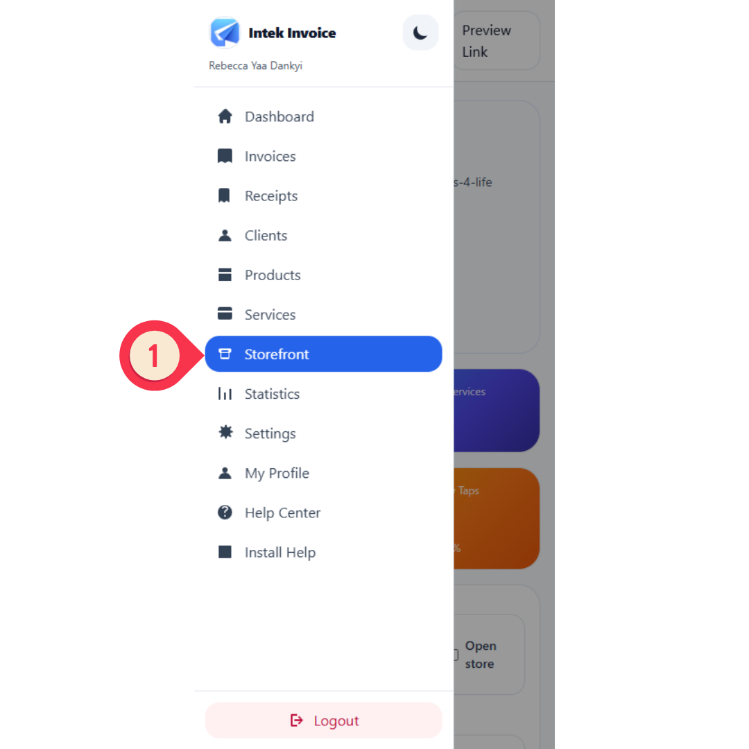 Open the Storefront page from the menu screenshot